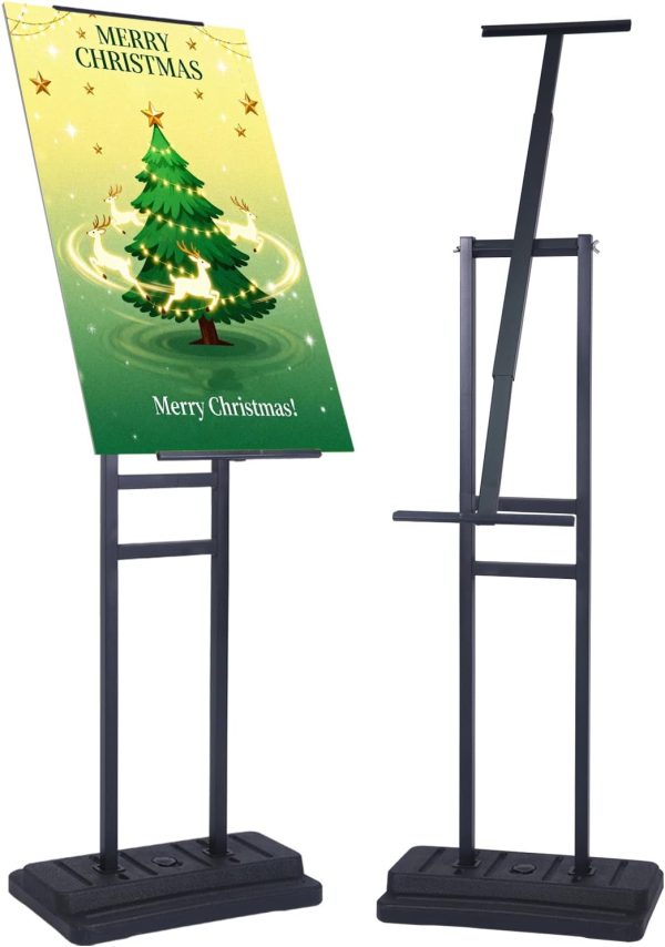 Angled & 360° Swivel Poster Stand, Water-Fillable Base, Adjustable Height Floor Sign Holder for Foam Board (Single-Sided, Black)
