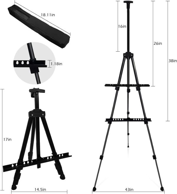 Portable Metal Adjustable Easel Stand for Painting, 17–66 Inch, with Carry Bag – Black