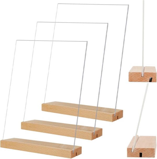 8.5 x 11 Acrylic Sign Holder with Wood Base, 3 Pack, L/T Shape, Vertical or Slant Back Display