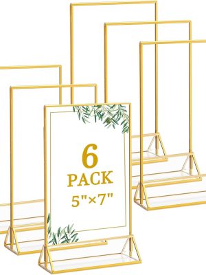 6 Pack 5x7 Inch Clear Acrylic Sign Holders, Double-Sided Gold Display Stand Picture Frames