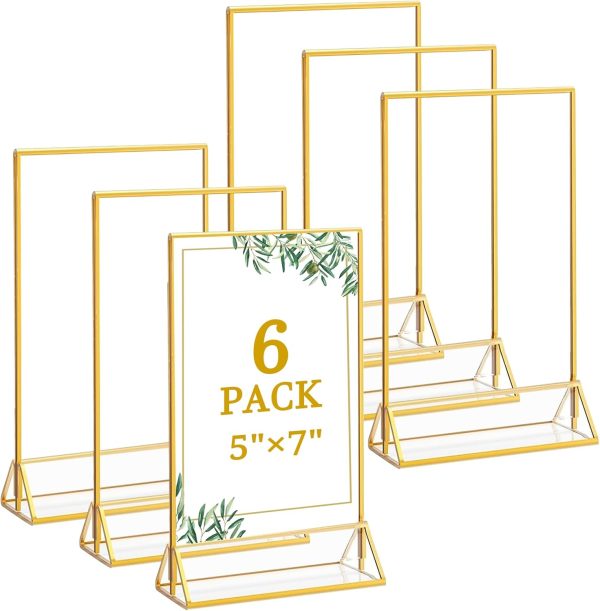 6 Pack 5x7 Inch Clear Acrylic Sign Holders, Double-Sided Gold Display Stand Picture Frames