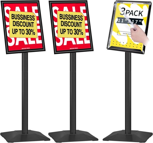 3-Pack Heavy Duty Adjustable Poster Sign Stand, 11x17 Aluminum Floor Standing Sign Holder, Black