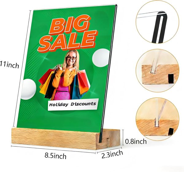8.5 x 11 Acrylic Sign Holder with Wood Base, 3 Pack, L/T Shape, Vertical or Slant Back Display