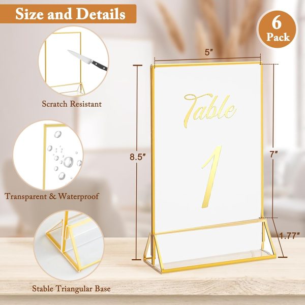 6 Pack 5x7 Inch Clear Acrylic Sign Holders, Double-Sided Gold Display Stand Picture Frames