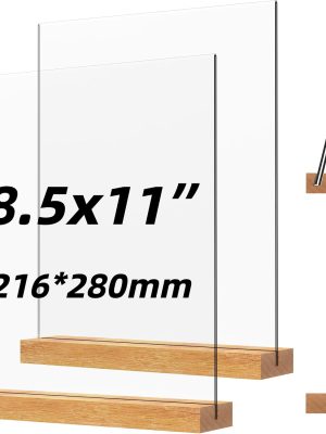 Acrylic Sign Holder with Wood Base 8.5x11 Inch Vertical and Slant Displays (2 Pack 8.5*11")