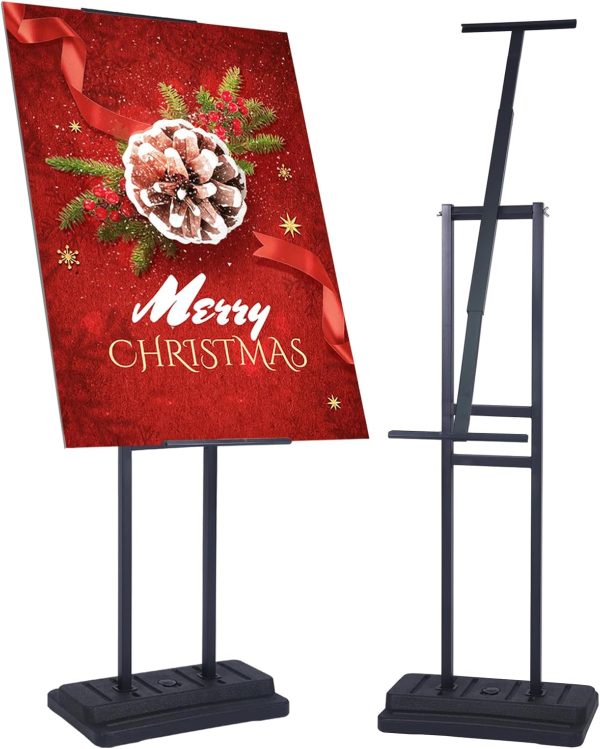 Angled & 360° Swivel Poster Stand, Water-Fillable Base, Adjustable Height Floor Sign Holder for Foam Board (Single-Sided, Black)